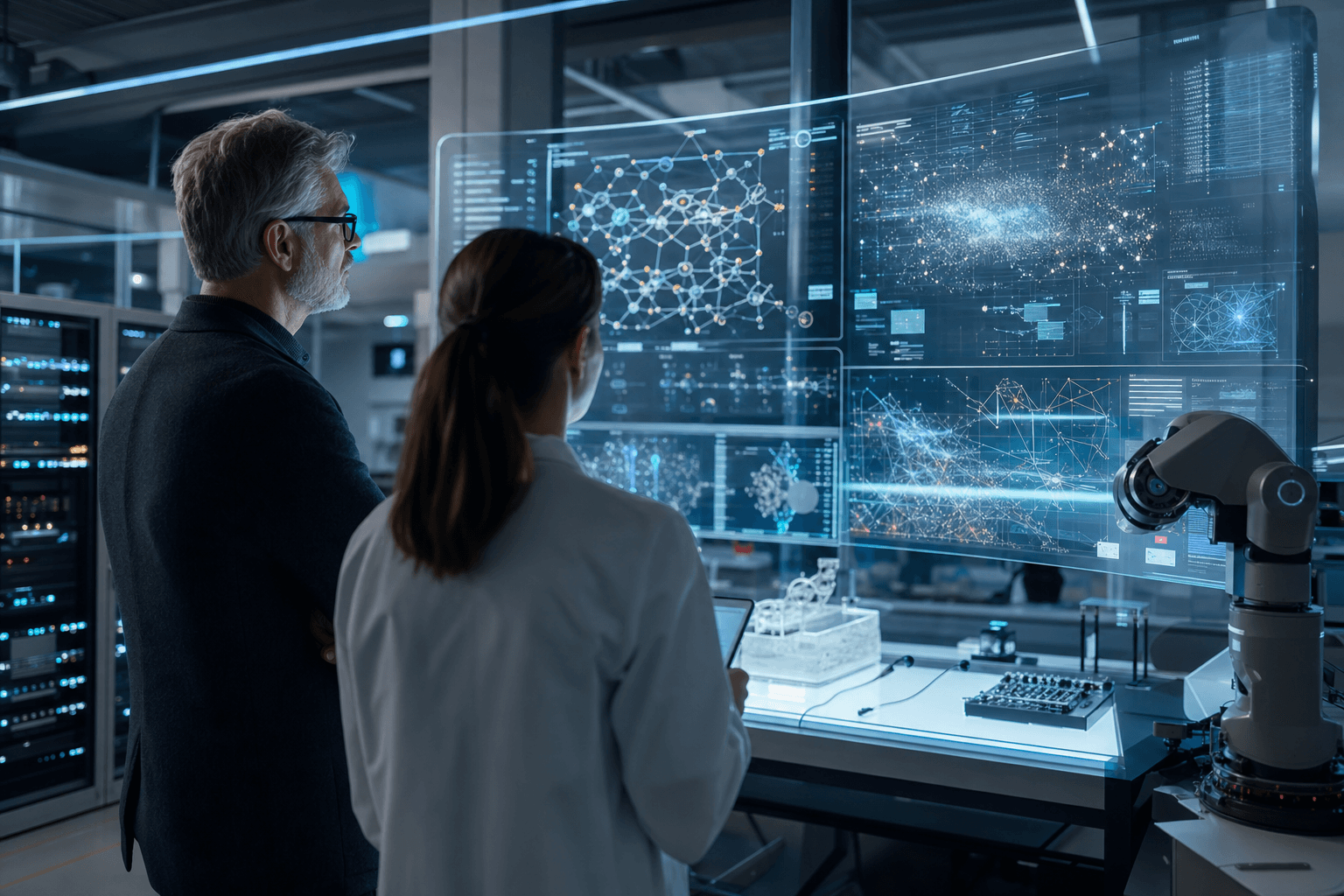 AI Agents vs Agentic AI for Enterprise Futuristic AI laboratory with multi-agent orchestration displays and enterprise workflow visualization