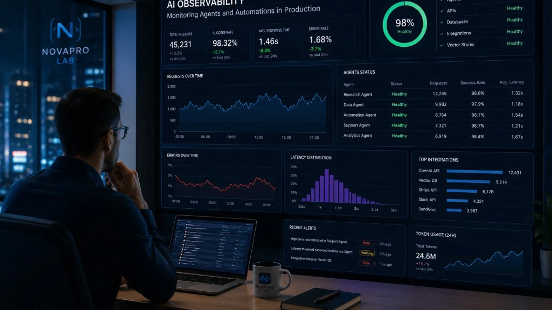 AI Observability for Business Systems AI observability dashboard monitoring agent workflows, costs, latency, failures, and human approval checkpoints