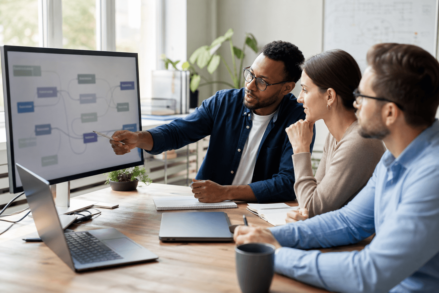 API Integrations for Growing Businesses Business operations team reviewing connected software systems and API integrations in a modern office
