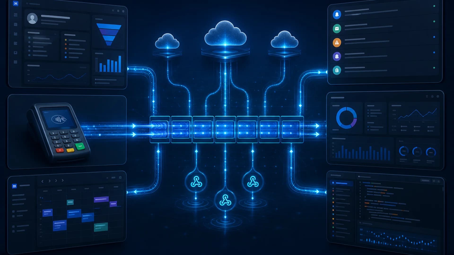 Architecture événementielle pour l'automatisation métier Architecture événementielle connectant APIs métier, webhooks, files de messages et workflows d'automatisation en temps réel