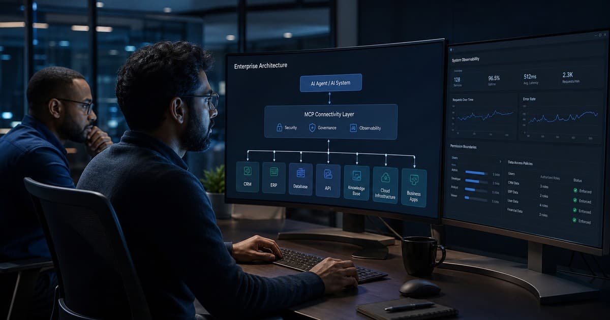 Model Context Protocol for Enterprise AI Enterprise AI agent connected through Model Context Protocol to CRM, ERP, and internal business systems with security controls